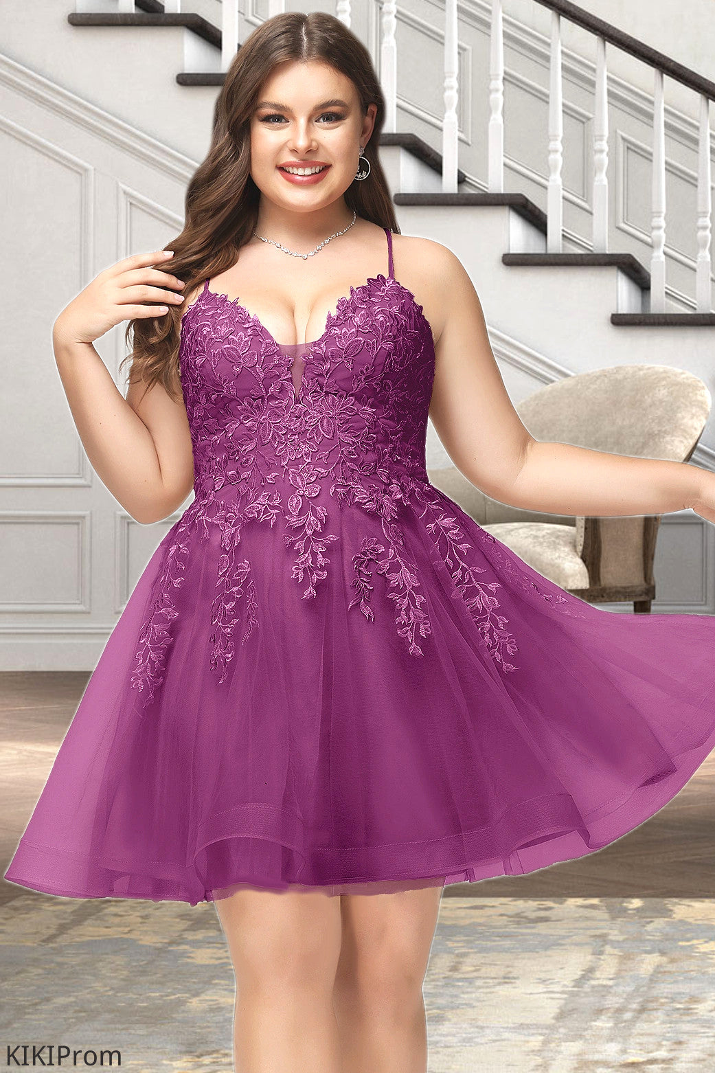 Anna A-line V-Neck Short/Mini Lace Tulle Homecoming Dress With Sequins DZP0020500