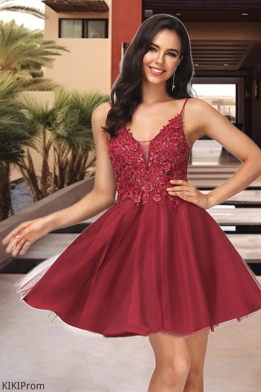 Hayley A-line V-Neck Short/Mini Lace Tulle Homecoming Dress With Sequins DZP0020498