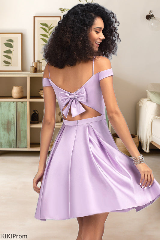 Amaris A-line Off the Shoulder Short/Mini Satin Homecoming Dress With Bow DZP0020568