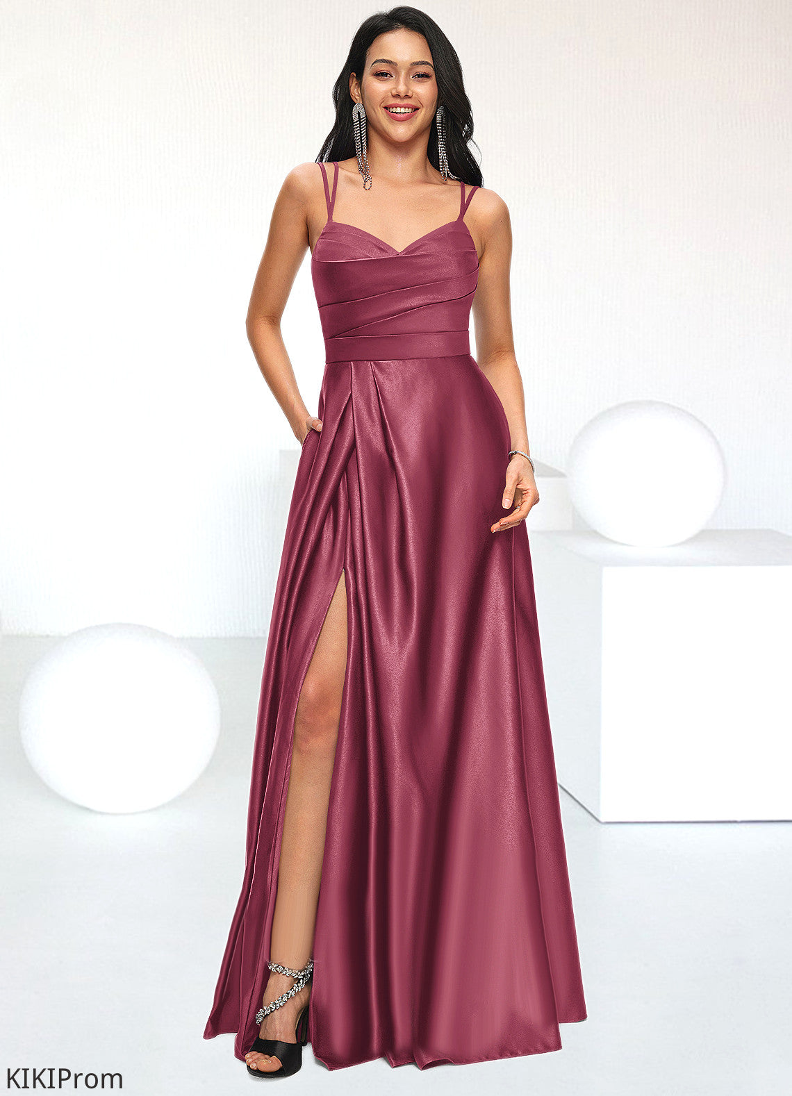 Whitney A-line V-Neck Floor-Length Satin Prom Dresses DZP0022197