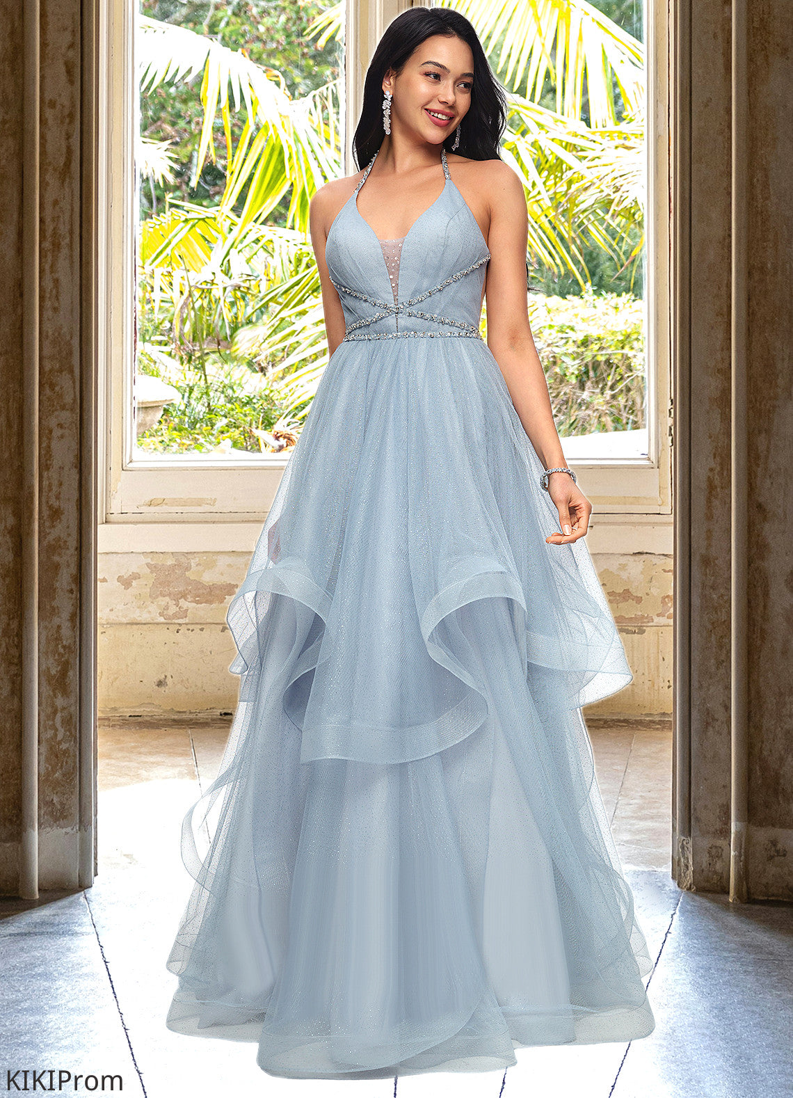 Kenley Ball-Gown/Princess Halter V-Neck Floor-Length Tulle Prom Dresses With Beading Rhinestone Sequins DZP0022199
