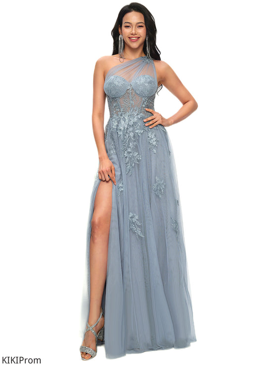 Muriel A-line One Shoulder Floor-Length Tulle Prom Dresses With Appliques Lace Sequins DZP0022200