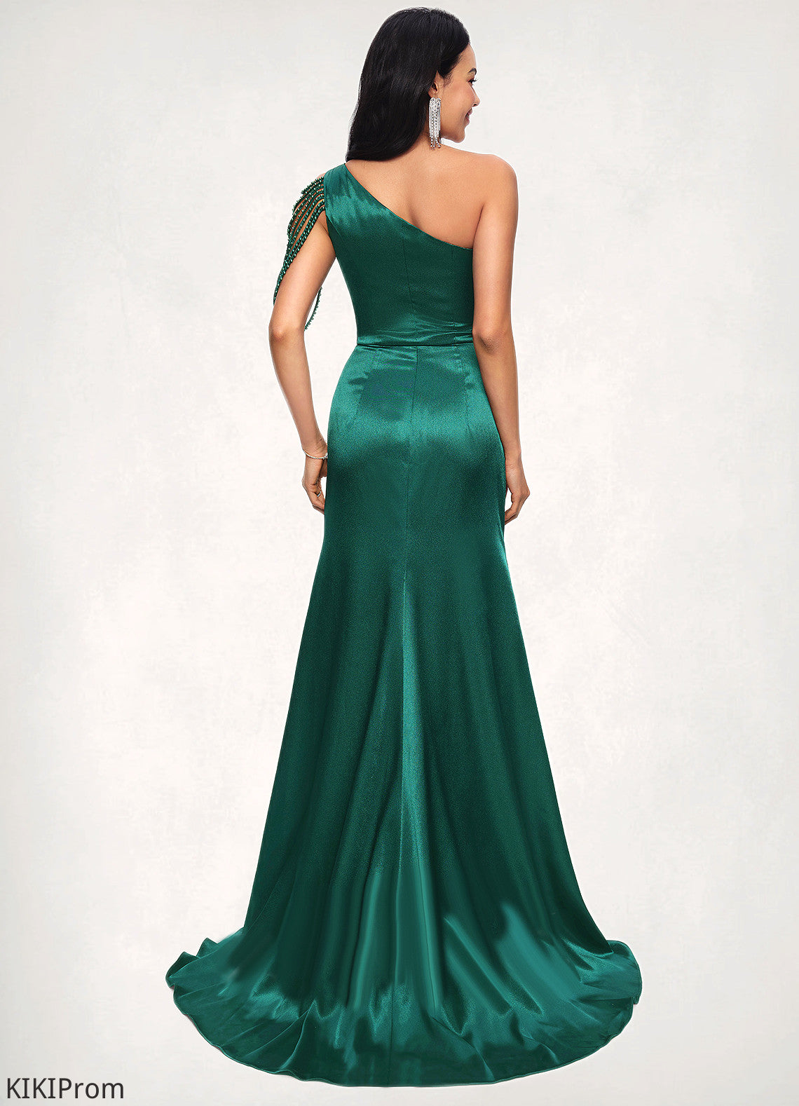 Kamila Trumpet/Mermaid One Shoulder Sweep Train Stretch Satin Prom Dresses With Beading DZP0022205