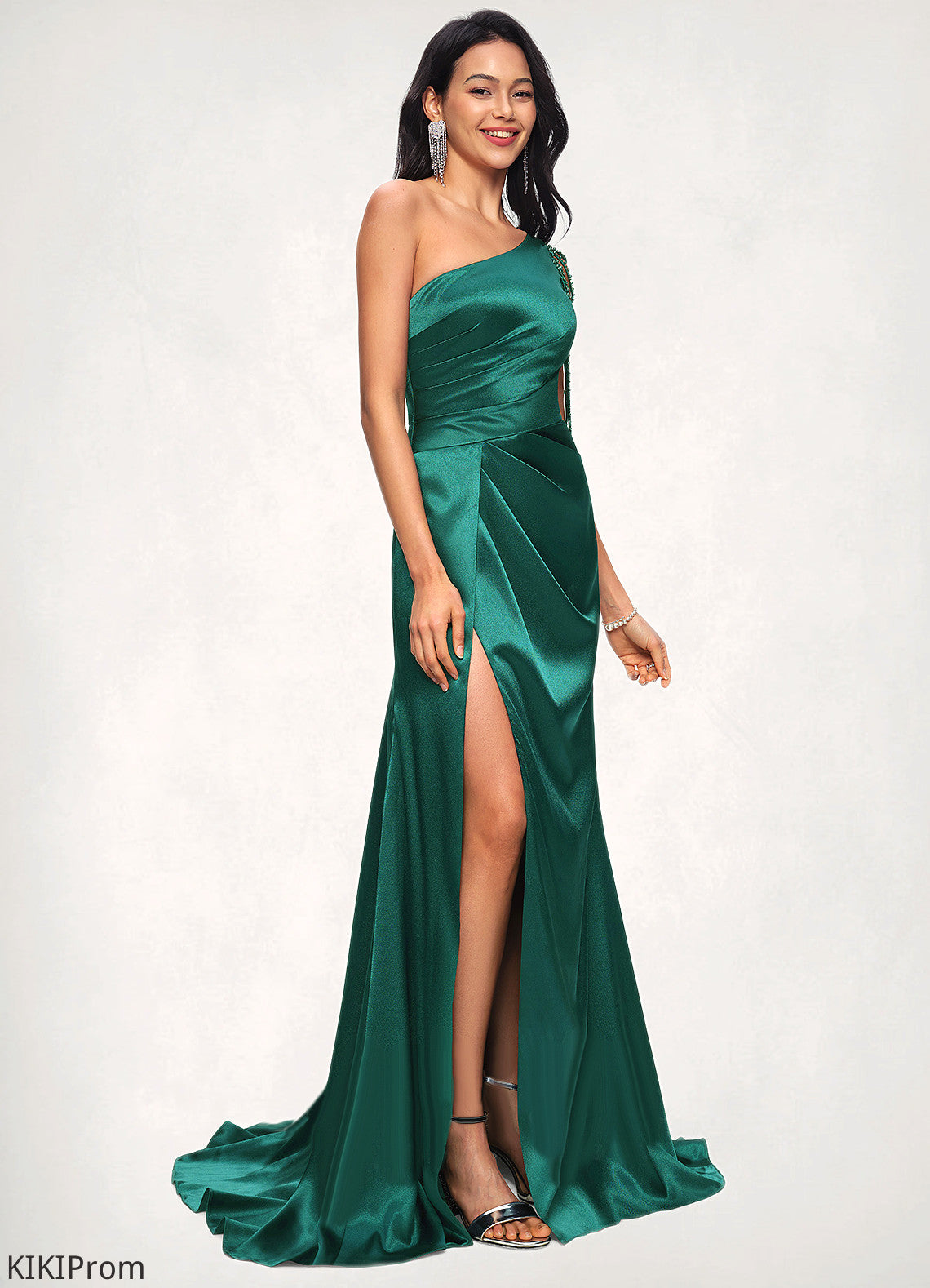 Kamila Trumpet/Mermaid One Shoulder Sweep Train Stretch Satin Prom Dresses With Beading DZP0022205