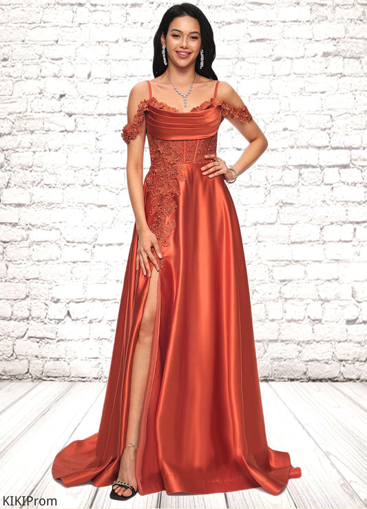 Hillary A-line Off the Shoulder Sweep Train Satin Prom Dresses With Rhinestone DZP0022208