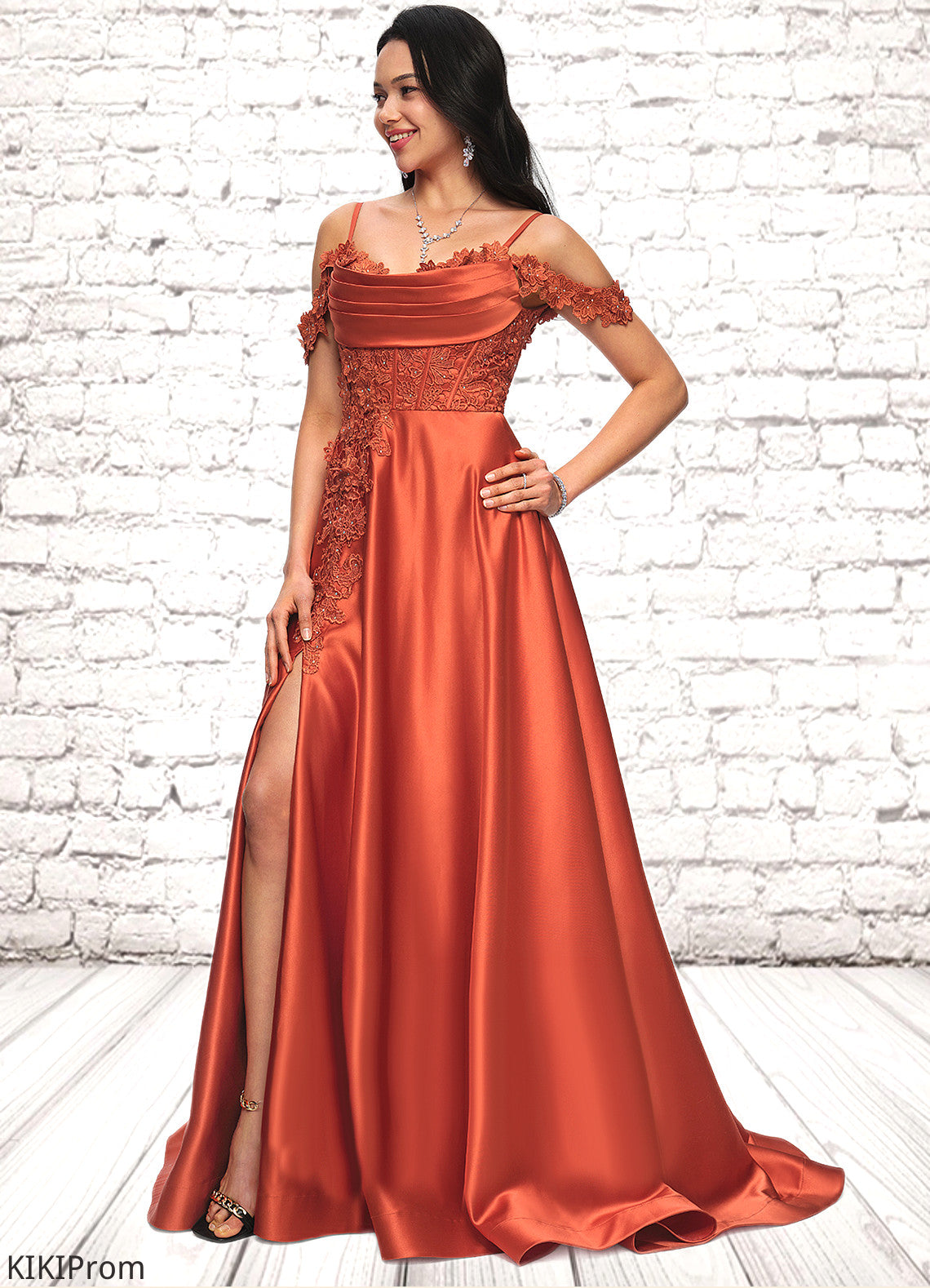Hillary A-line Off the Shoulder Sweep Train Satin Prom Dresses With Rhinestone DZP0022208