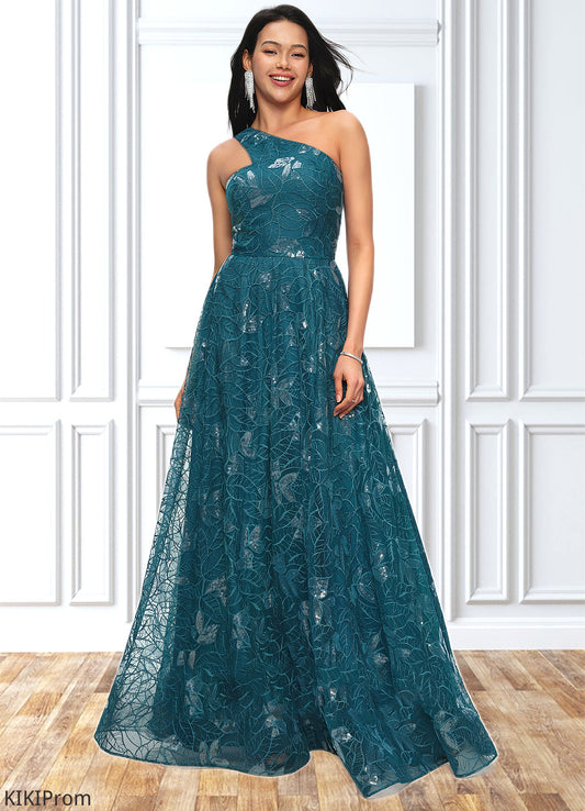 Laney A-line Asymmetrical Floor-Length Lace Prom Dresses With Sequins DZP0022219