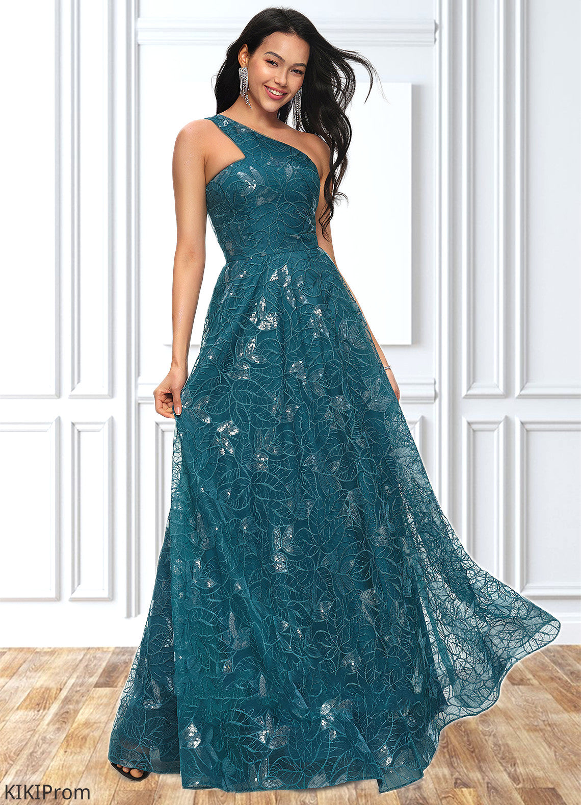 Laney A-line Asymmetrical Floor-Length Lace Prom Dresses With Sequins DZP0022219