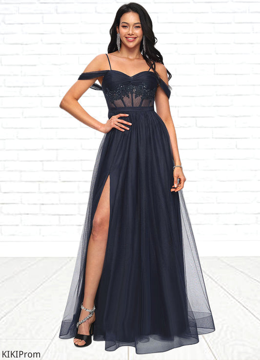 Lina Ball-Gown/Princess Off the Shoulder Floor-Length Tulle Prom Dresses With Appliques Lace Sequins DZP0022221