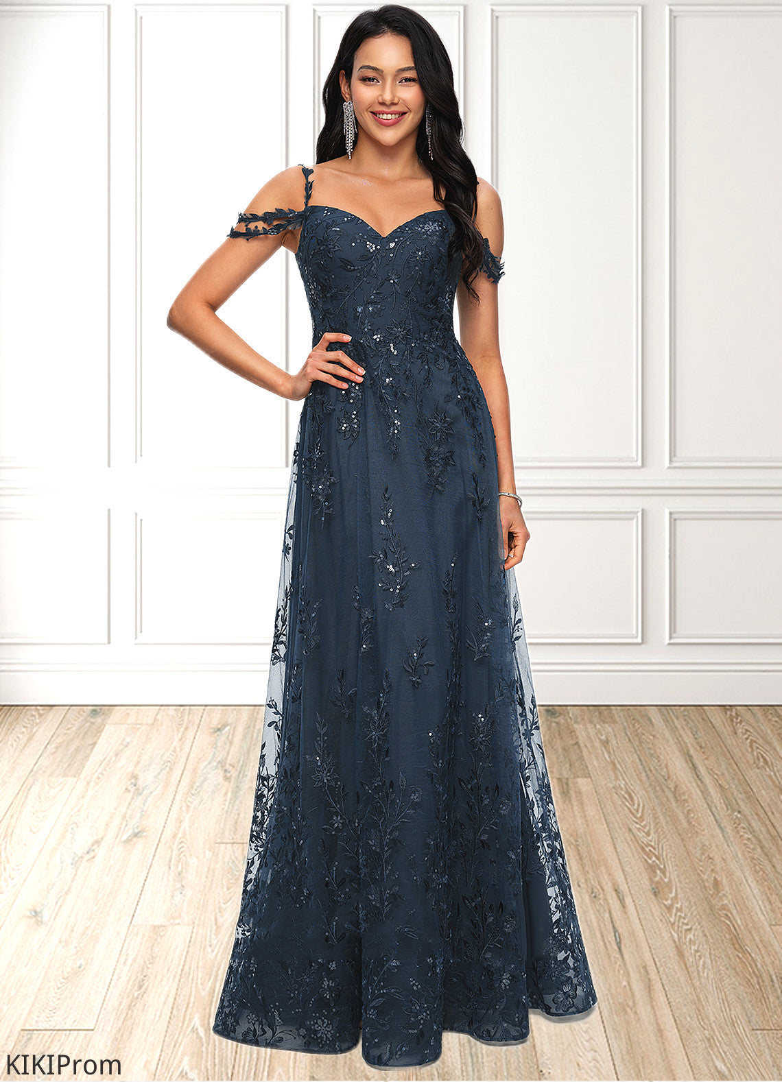 Lena A-line V-Neck Floor-Length Lace Prom Dresses With Sequins DZP0022222