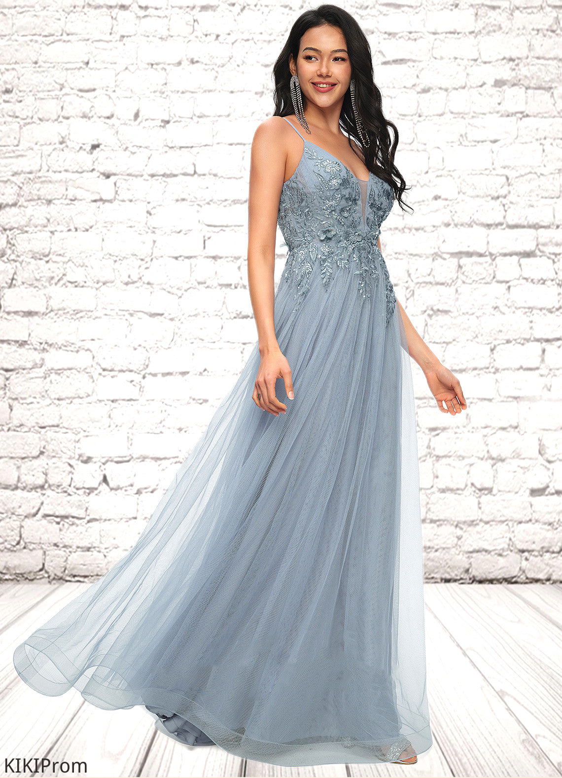 Peggie A-line V-Neck Floor-Length Tulle Prom Dresses With Appliques Lace Sequins DZP0022223