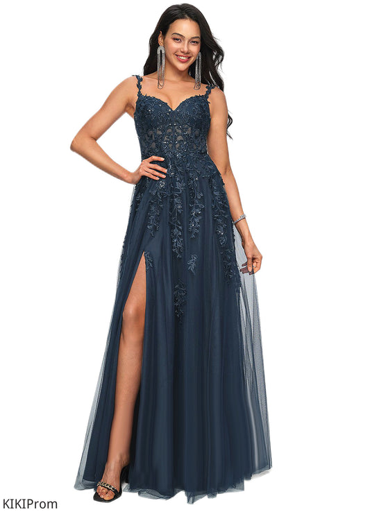 Jamie A-line V-Neck Floor-Length Tulle Prom Dresses With Sequins DZP0022224