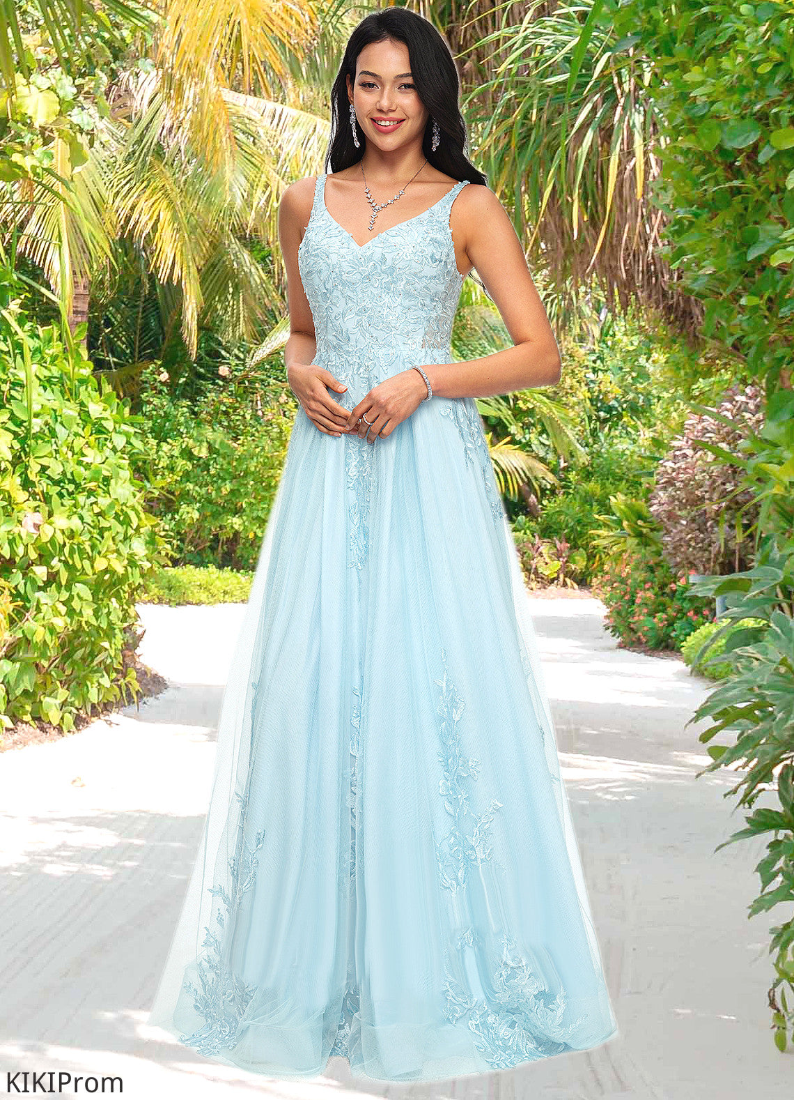 Laura A-line V-Neck Floor-Length Tulle Prom Dresses With Rhinestone Appliques Lace Sequins DZP0022225