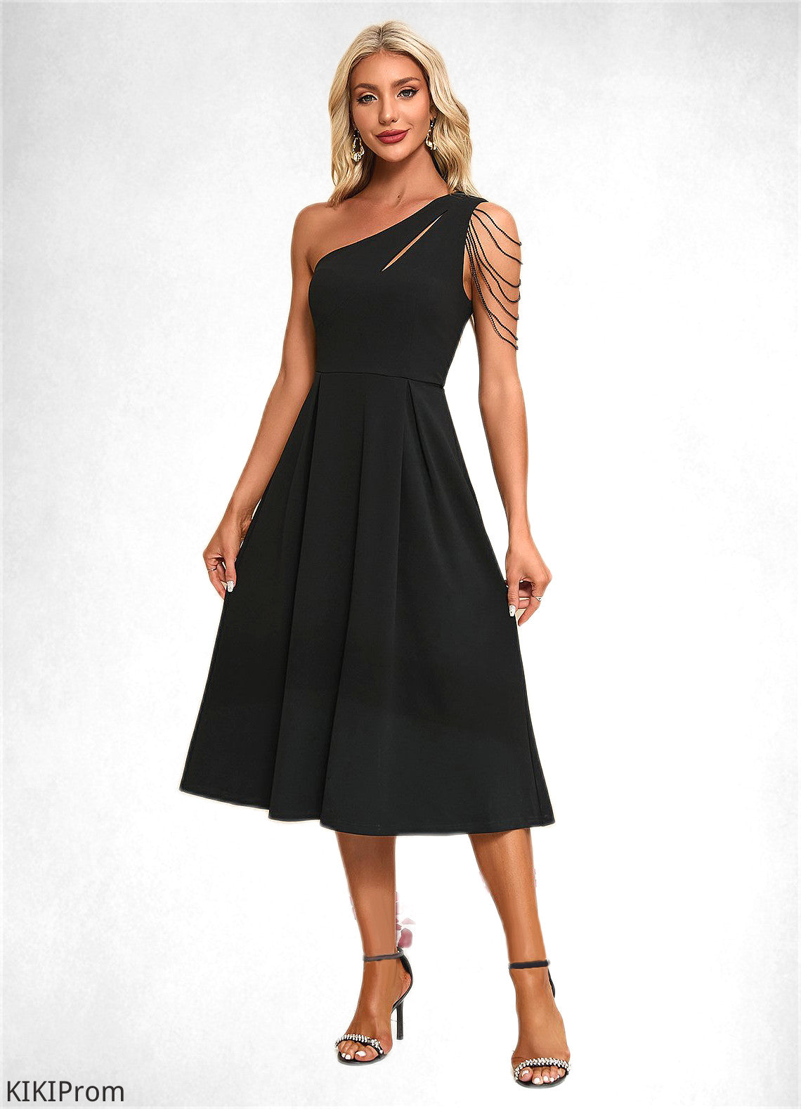 Allison Beading Fringe Trim One Shoulder Elegant A-line Polyester Midi Dresses DZP0022266