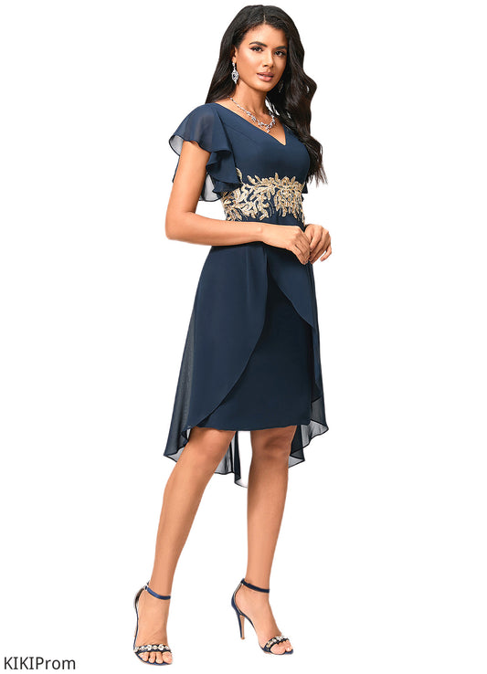 Joselyn Sheath/Column V-Neck Asymmetrical Chiffon Lace Cocktail Dress With Appliques Lace DZP0022268