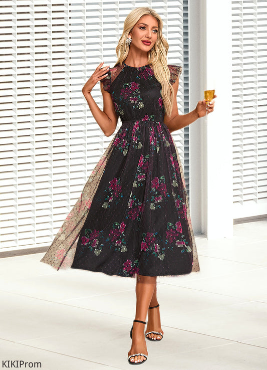 Kate Floral Print Scoop Elegant A-line Tulle Midi Dresses DZP0022277