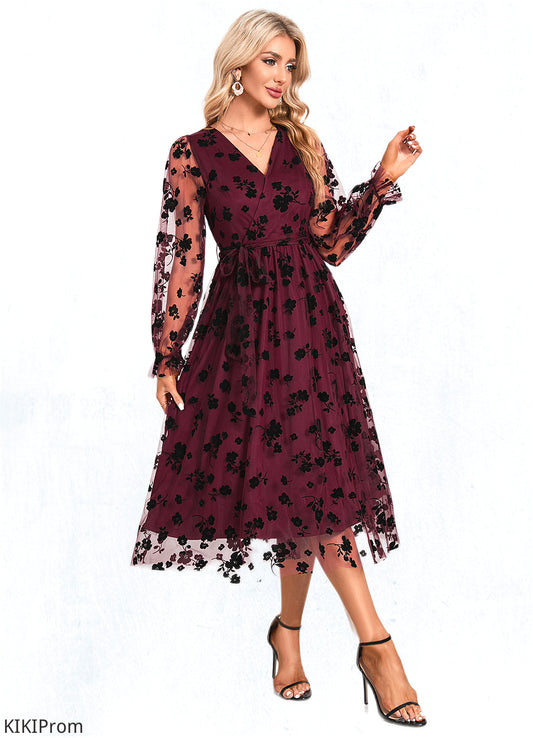 Libby Jacquard V-Neck Elegant A-line Tulle Midi Dresses DZP0022286