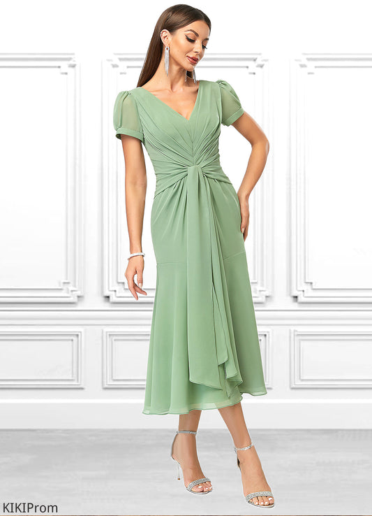 Isabel Trumpet/Mermaid V-Neck Tea-Length Chiffon Cocktail Dress With Pleated DZP0022315