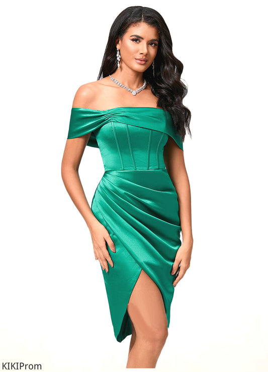 Shayna Sheath/Column Off the Shoulder Asymmetrical Satin Cocktail Dress With Pleated DZP0022365