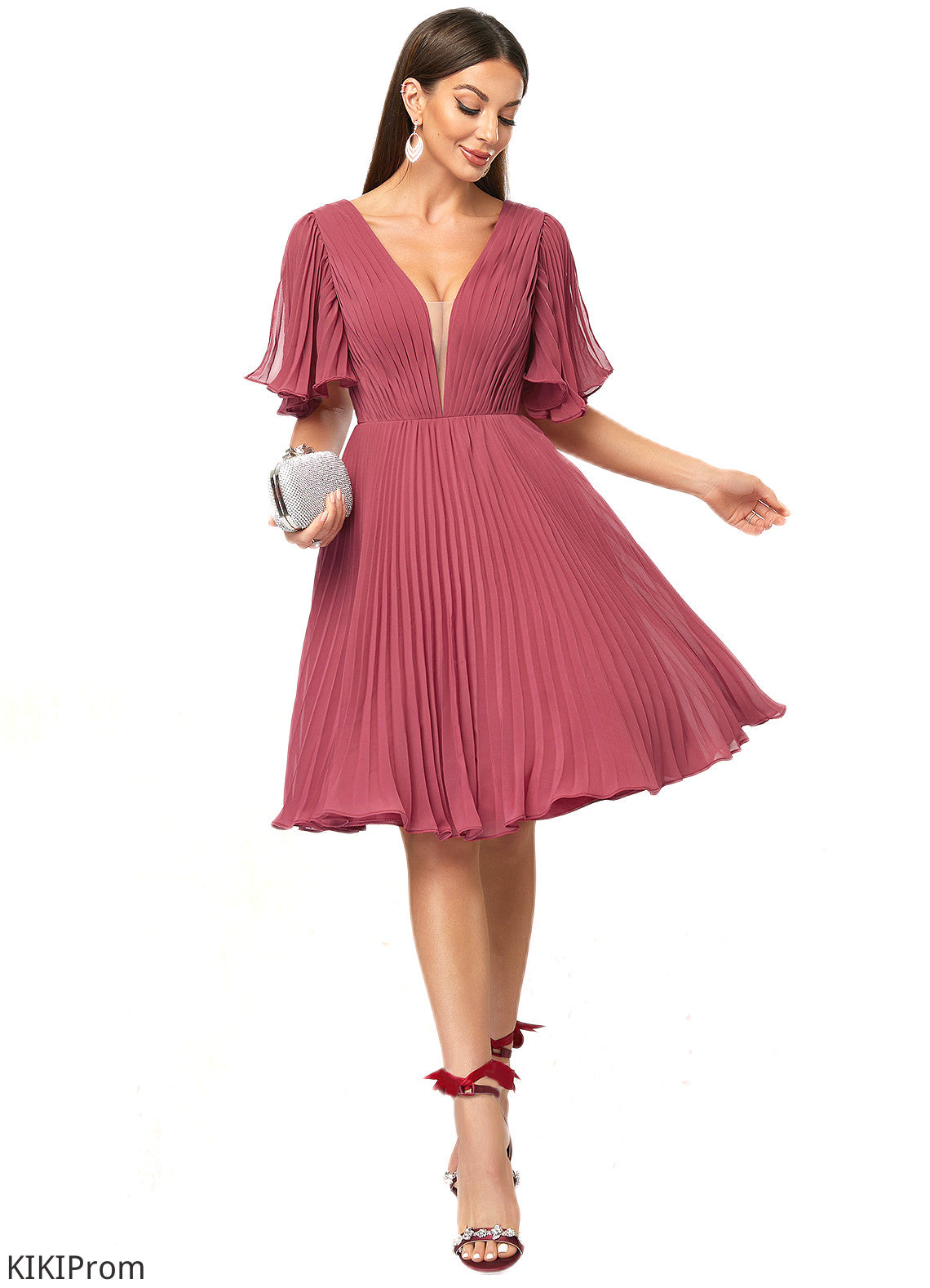 Willow A-line V-Neck Knee-Length Chiffon Cocktail Dress With Pleated DZP0022429