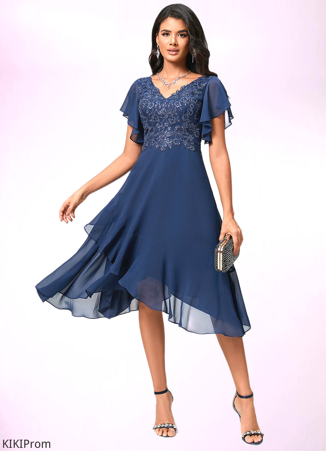 Claire A-line V-Neck Tea-Length Chiffon Lace Cocktail Dress With Cascading Ruffles DZP0022430