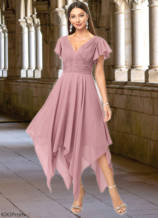 Rylee A-line V-Neck Ankle-Length Chiffon Cocktail Dress With Ruffle DZP0022486
