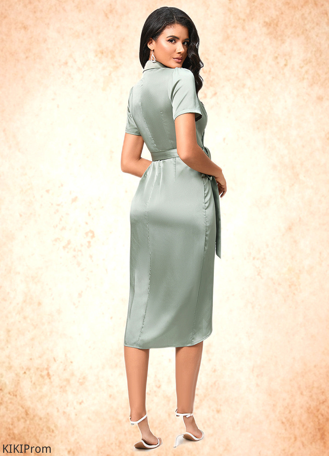 Aubrie Sheath/Column V-Neck Asymmetrical Satin Cocktail Dress With Bow DZP0022488