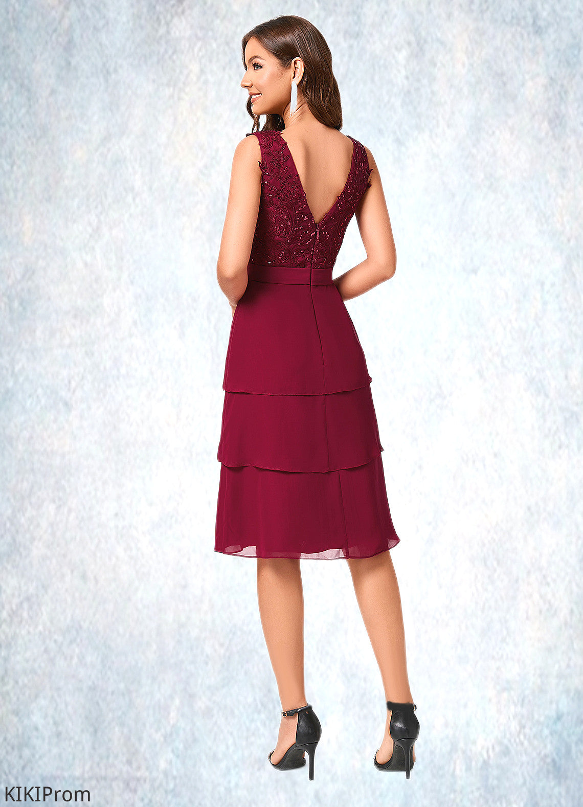 Destiny Sheath/Column V-Neck Knee-Length Chiffon Lace Sequin Cocktail Dress With Ruffle Sequins DZP0022503