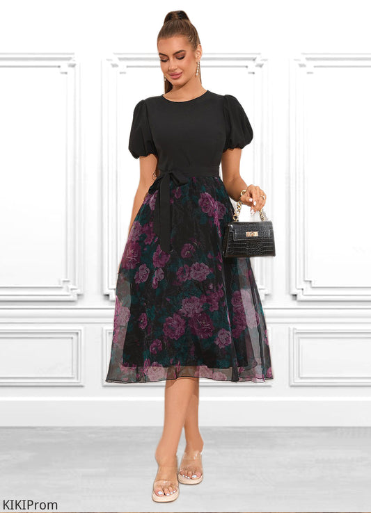 Marisa Floral Print Scoop Elegant A-line Organza Midi Dresses DZP0022527