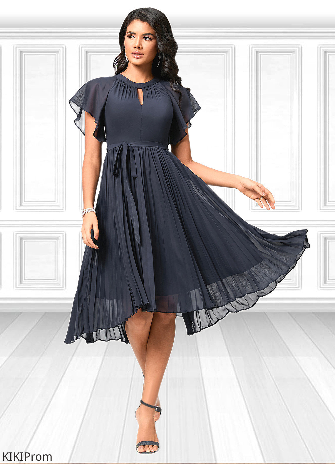Mandy A-line Scoop Asymmetrical Chiffon Cocktail Dress With Bow Pleated DZP0022530
