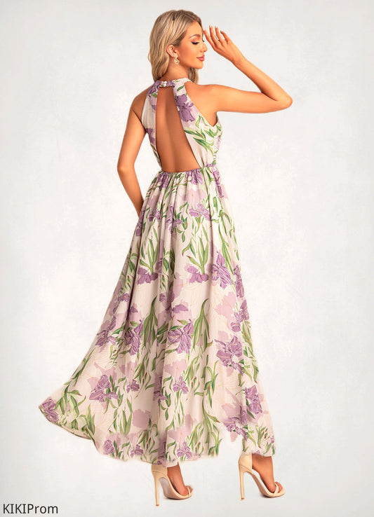 Meredith A-line Halter Floor-Length Chiffon Bridesmaid Dress With Floral Print DZP0022565