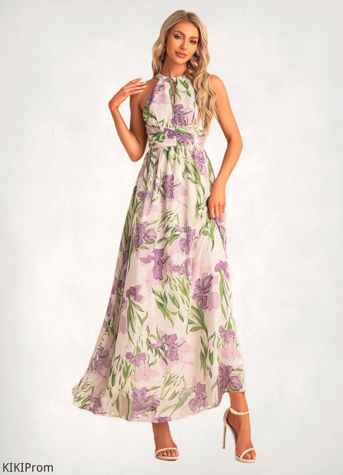 Meredith A-line Halter Floor-Length Chiffon Bridesmaid Dress With Floral Print DZP0022565
