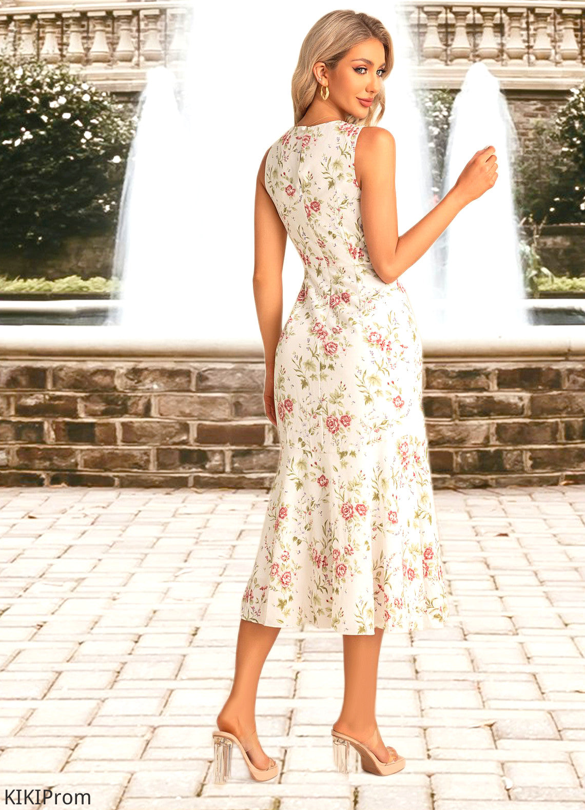 Mckayla Trumpet/Mermaid Scoop Tea-Length Polyester Bridesmaid Dress With Floral Print DZP0022566