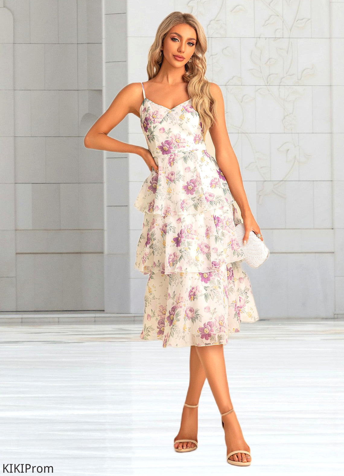Nevaeh A-line V-Neck Tea-Length Chiffon Bridesmaid Dress With Cascading Ruffles Floral Print DZP0022567