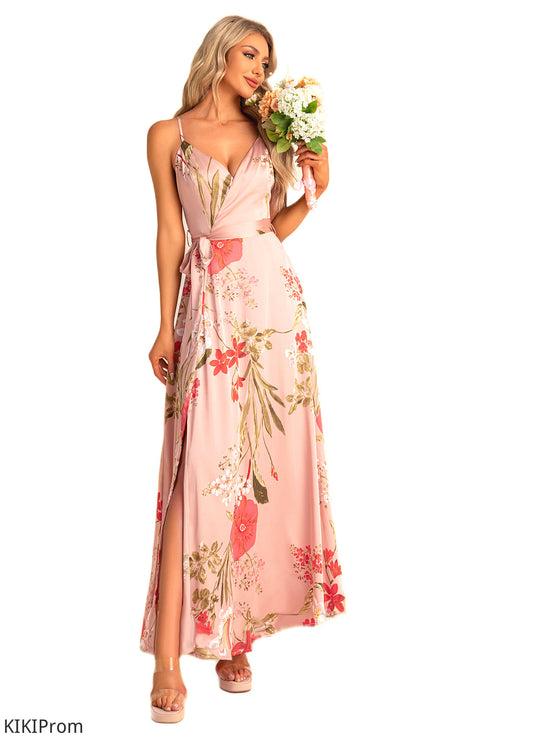 Alexis A-line V-Neck Floor-Length Asymmetrical Satin Bridesmaid Dress With Floral Print DZP0022568