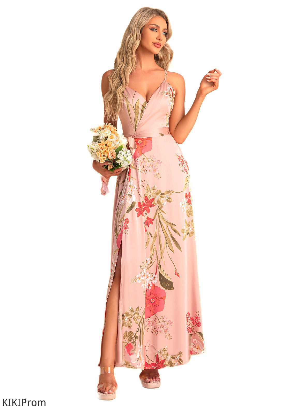 Alexis A-line V-Neck Floor-Length Asymmetrical Satin Bridesmaid Dress With Floral Print DZP0022568