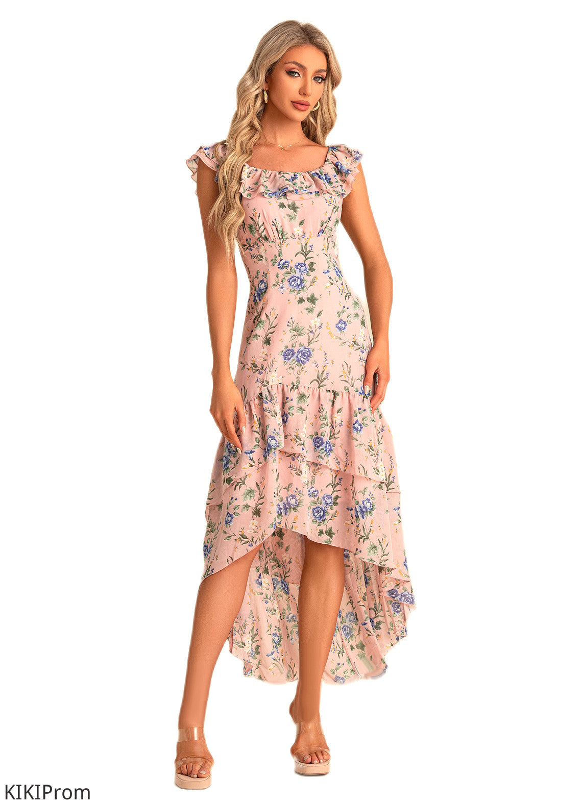 Lisa Trumpet/Mermaid Scoop Straight Floor-Length Asymmetrical Chiffon Bridesmaid Dress With Ruffle Floral Print DZP0022569