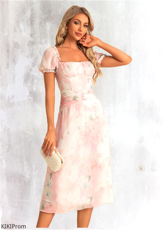 Janessa A-line Square Tea-Length Chiffon Bridesmaid Dress With Floral Print DZP0022570