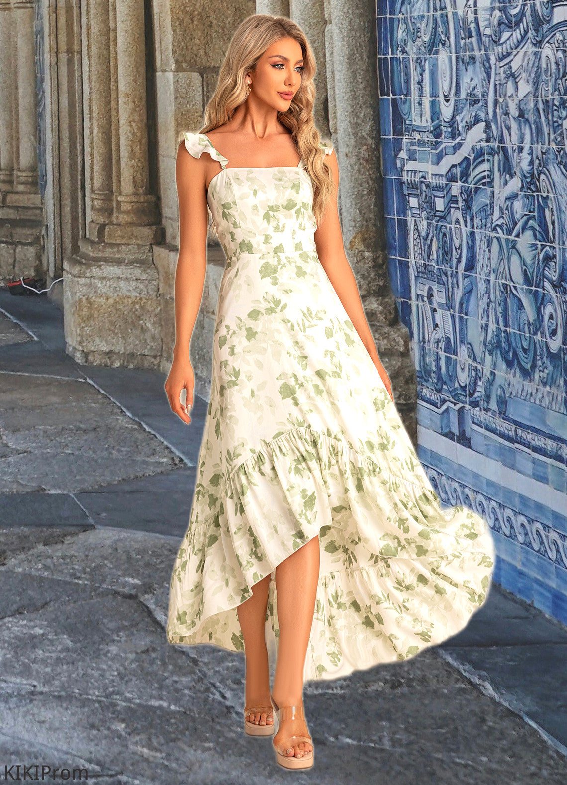 Reagan A-line Straight Floor-Length Asymmetrical Satin Bridesmaid Dress With Ruffle Floral Print DZP0022571