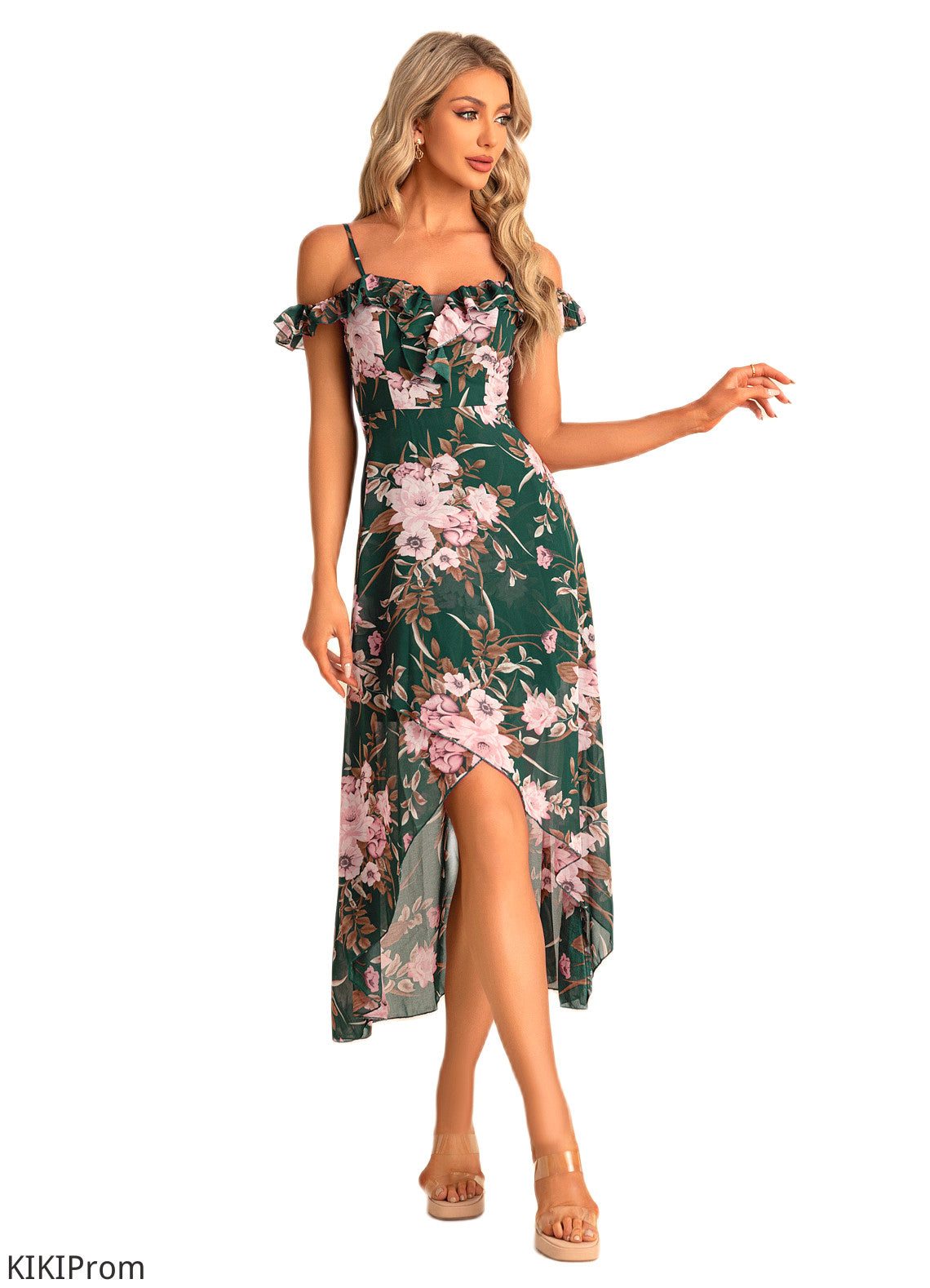Janiya A-line Sweetheart Tea-Length Asymmetrical Chiffon Bridesmaid Dress With Floral Print Ruffle DZP0022572