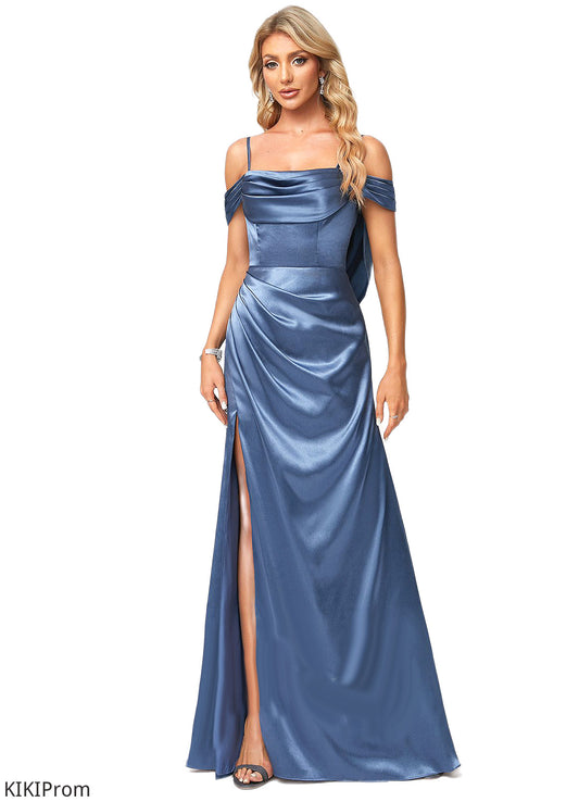 Addison A-line Cold Shoulder Floor-Length Stretch Satin Bridesmaid Dress With Ruffle DZP0022578