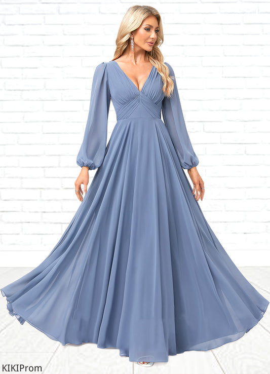 Krista A-line V-Neck Floor-Length Chiffon Bridesmaid Dress DZP0022579