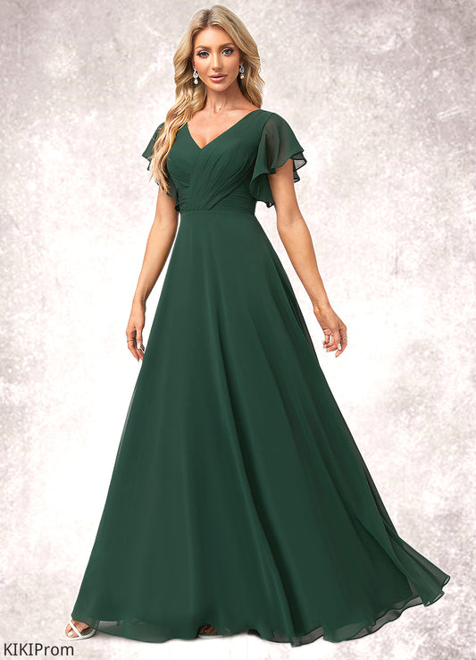 Belen A-line V-Neck Floor-Length Chiffon Bridesmaid Dress With Ruffle DZP0022591