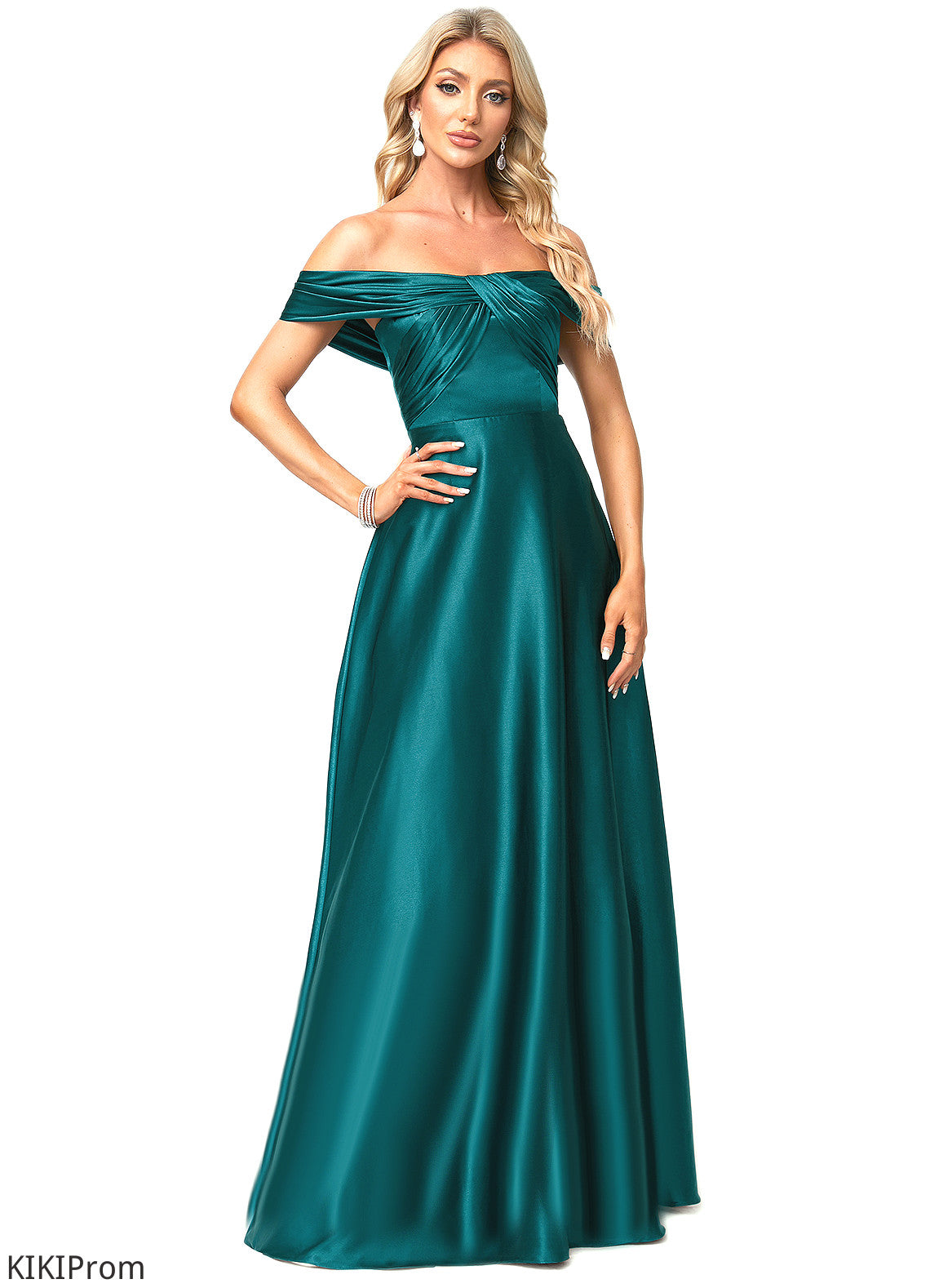 Precious A-line Off the Shoulder Floor-Length Stretch Satin Bridesmaid Dress DZP0022595