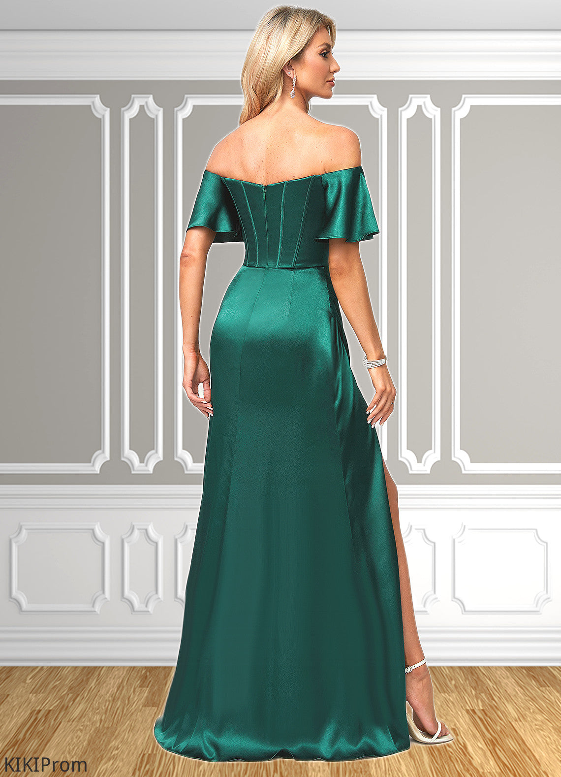 Annalise A-line Off the Shoulder Floor-Length Stretch Satin Bridesmaid Dress DZP0022596