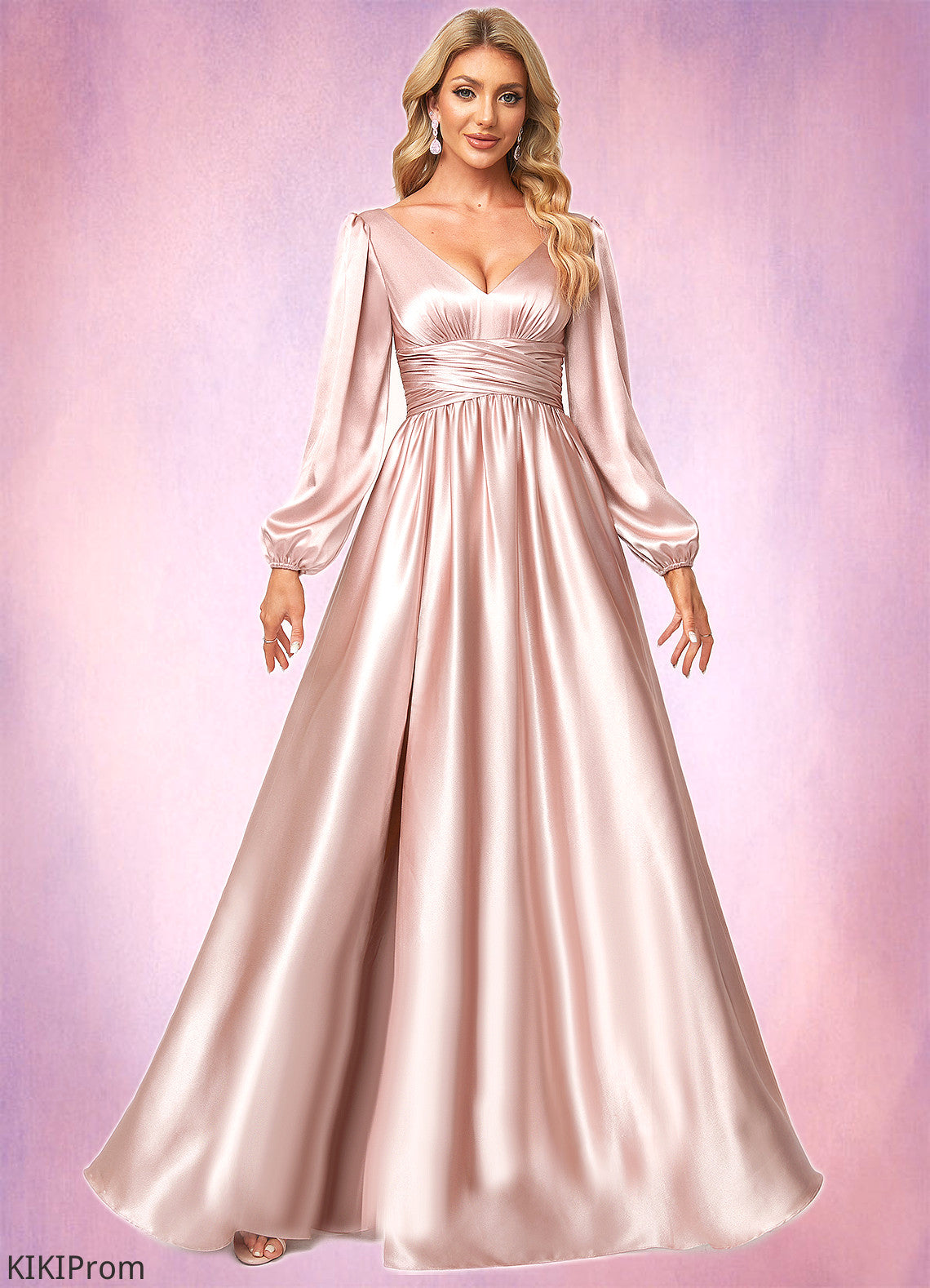 Vivian A-line V-Neck Floor-Length Stretch Satin Bridesmaid Dress DZP0022597