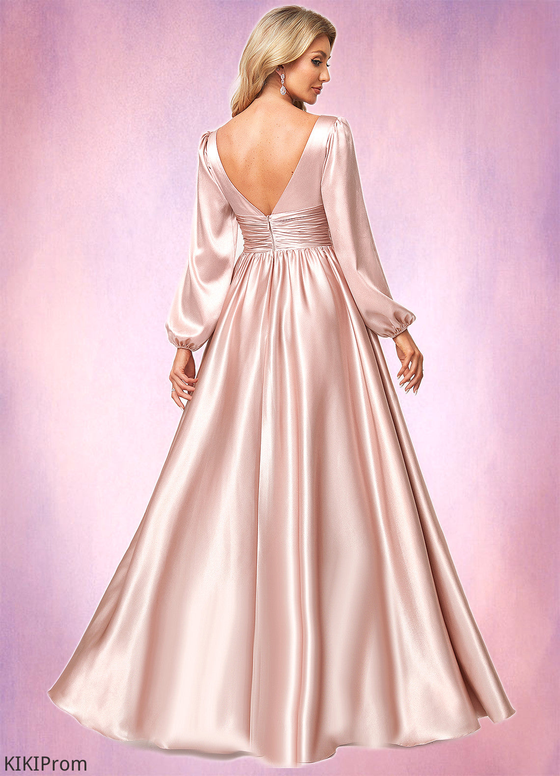 Vivian A-line V-Neck Floor-Length Stretch Satin Bridesmaid Dress DZP0022597