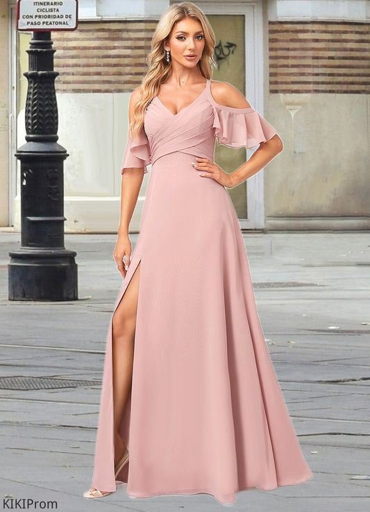 Geraldine A-line Cold Shoulder Floor-Length Chiffon Bridesmaid Dress With Ruffle DZP0022599