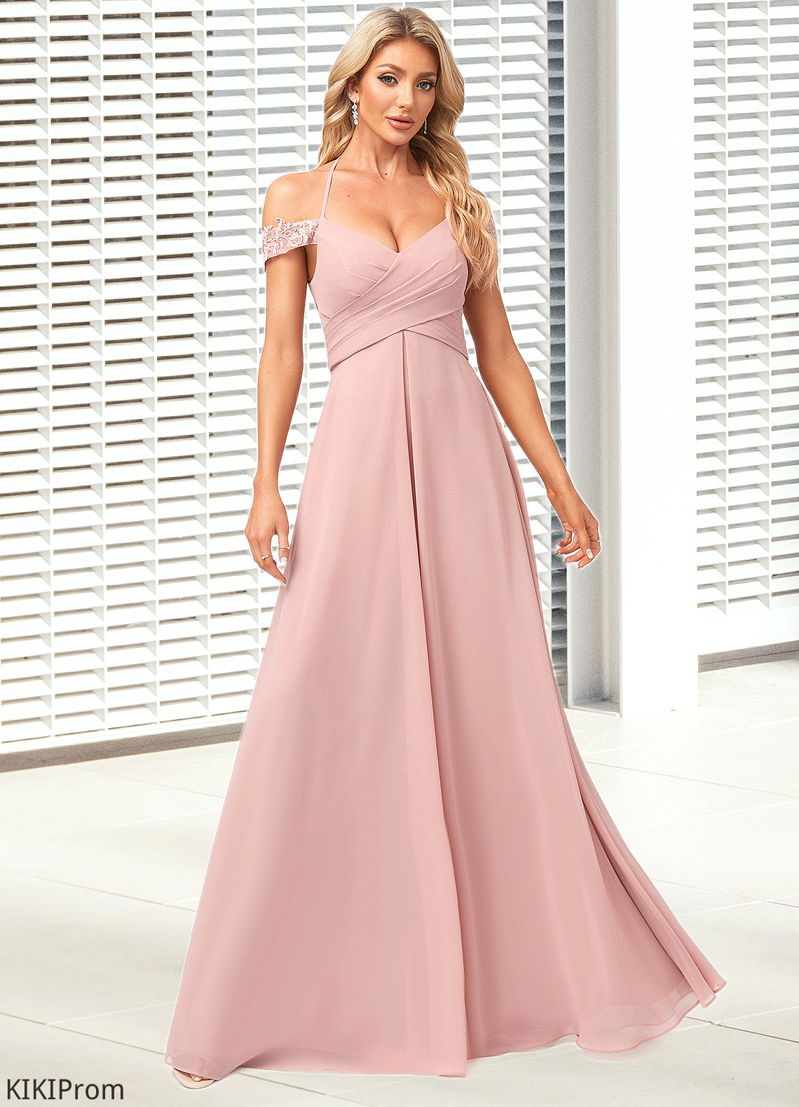 Isabelle A-line Cold Shoulder Halter Floor-Length Chiffon Lace Bridesmaid Dress DZP0022601