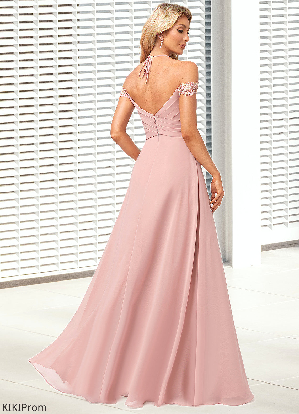 Isabelle A-line Cold Shoulder Halter Floor-Length Chiffon Lace Bridesmaid Dress DZP0022601
